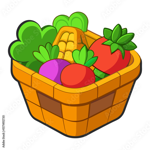 Orange basket filled with colorful vegetables and corn tomato radish