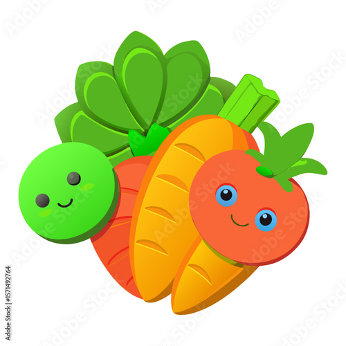 Smiling cartoon vegetables with green leaves happy tomato