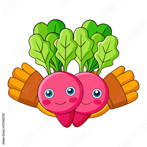 Two cute pink radishes with green leaves and orange mittens cartoon vegetable