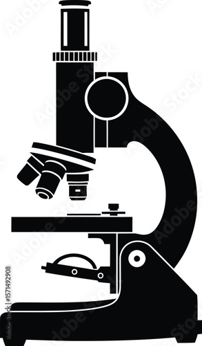 A black silhouette of a microscope against a plain white background view