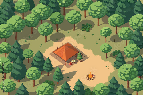 Vector aerial drone view of forest camp, encompassing trees, tents, vehicles, fire, hiking trails, nature, camping, wilderness.