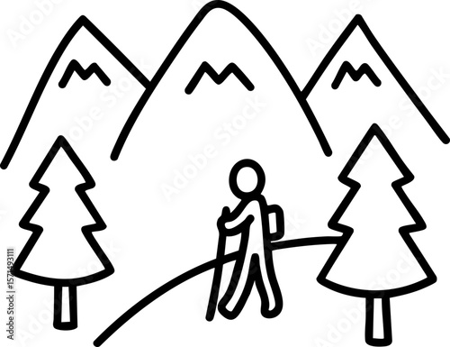 Wellness retreats concept. Hiker walking in a mountainous landscape with trees. Hand-drawn outline icon