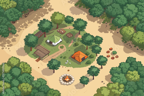 Vector aerial drone view of a forest camp, surrounded by trees, tents, campfire, nature, outdoor adventure.