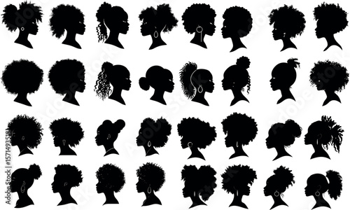 Silhouettes of women with afro hairstyles isolated on white background create a portrait