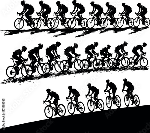 A group of cyclists in silhouette racing uphill on a white background