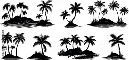 A set of tropical palm tree islands isolated on white background