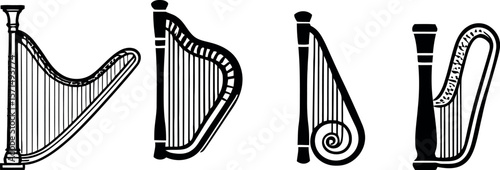 Collection of various harp musical instruments isolated on white background