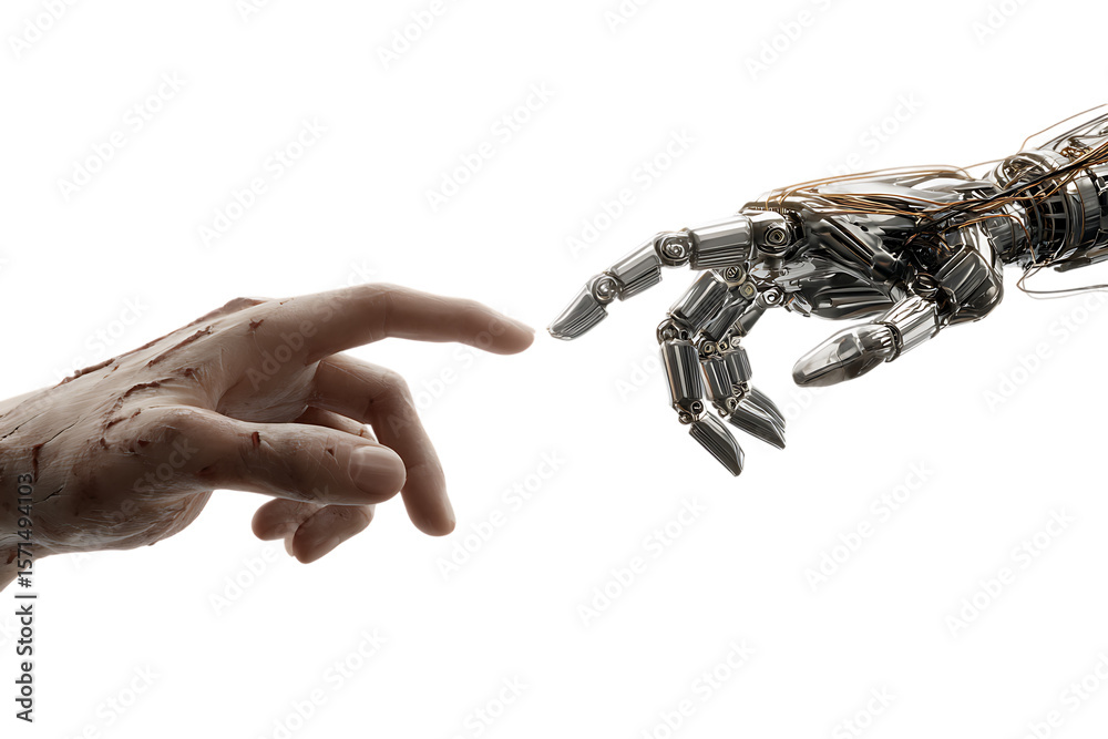Fototapeta premium Human hand reaching towards a robotic hand. AI, technology, future concept.