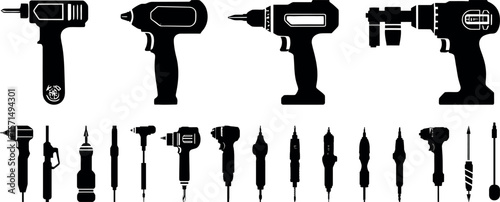 A set of different power drills isolated on white background