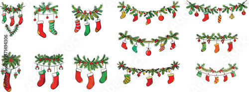 Watercolour Christmas Mantle Garland with Pine Branches, Red Berries, and Hanging Stockings on White Background