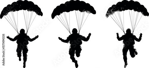 Three skydivers with parachutes isolated on white background