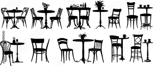 Silhouettes of various cafe tables and chairs isolated on white background