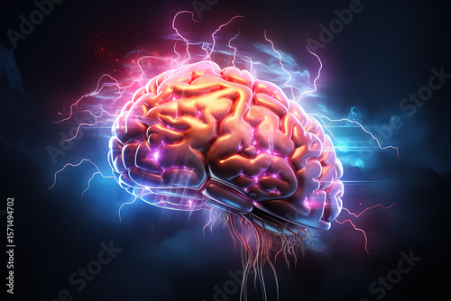 Electric Neurology Brain Image in Sky Blue Tones on Dark Background