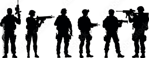 A group of soldiers with weapons isolated on white background