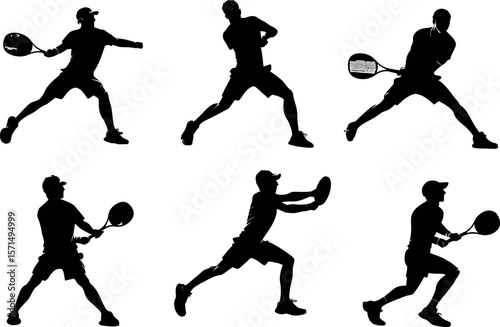Silhouettes of tennis players in various action poses isolated on white background