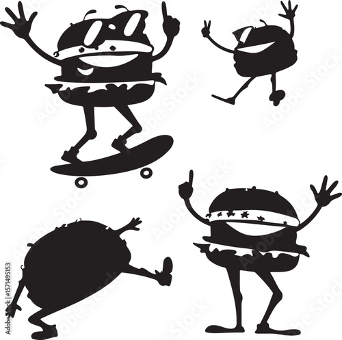 Four Black Silhouette Burger Characters Skateboarding Jumping and Posing Fun Food Illustration white