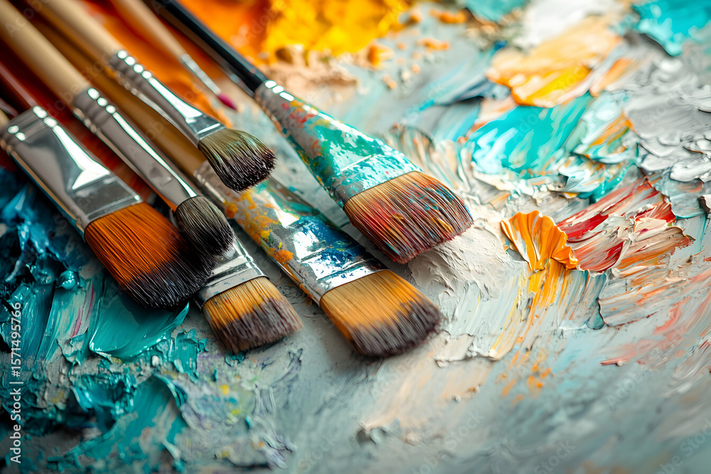 Fototapeta premium Five paintbrushes on a palette with oil paint