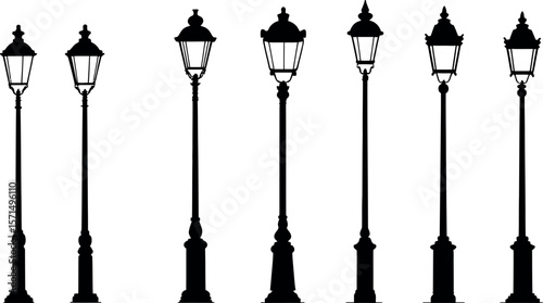 A row of vintage street lamp posts isolated on white background creates a classic scene