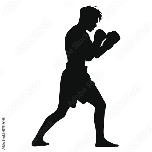 A silhouetted boxer in fighting stance showcases the power and discipline of combat sports on a clean background