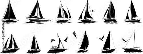 A collection of sailboat silhouettes with birds isolated on white background