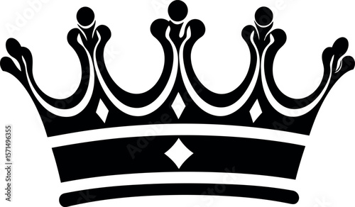 A black silhouette of a royal crown with decorative elements isolated on white background