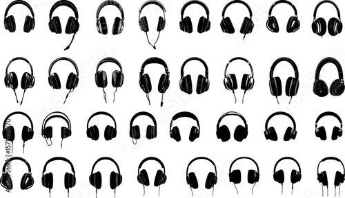 A variety of black and white headphone sketches are isolated on white background