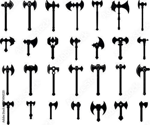 A collection of axe silhouettes is isolated on a white background
