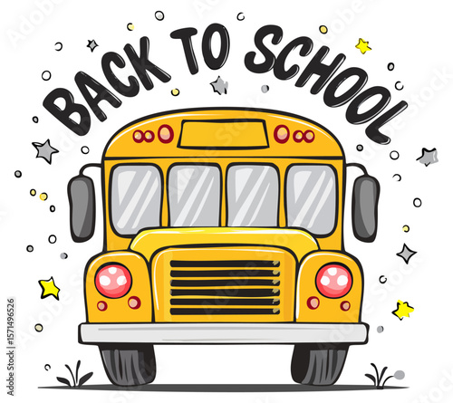 Cartoon yellow school bus with Back to School text 