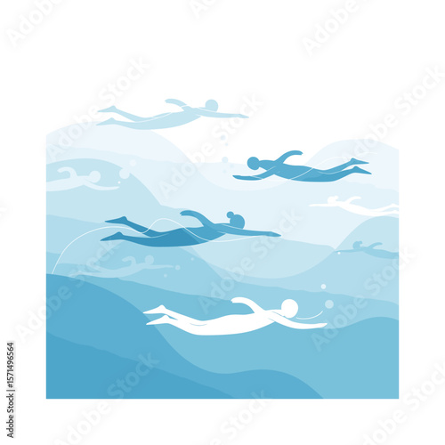 Swimmers in Ocean Silhouette Illustration