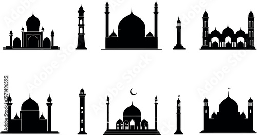 A collection of mosque silhouettes is isolated on a white background