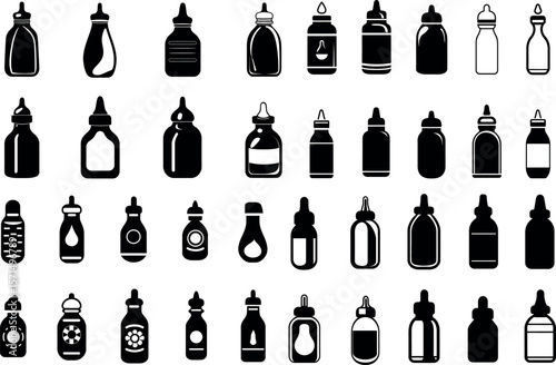 Collection of various medicine bottles isolated on white background in silhouette