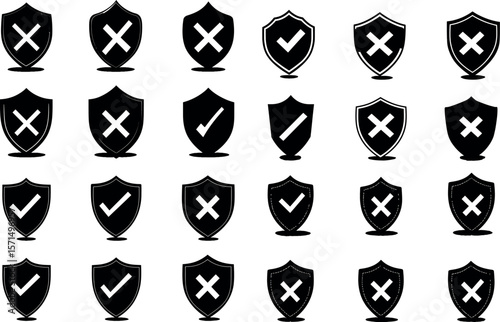 An array of shield icons with checkmarks and crosses isolated on white background