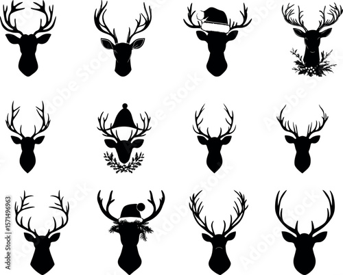 A set of reindeer head silhouettes with and without christmas hats isolated on white