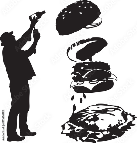 Silhouette Man Pouring Drink Over Disassembled Burger Bun Patty Cheese Lettuce vector
