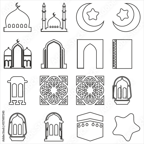 Islamic symbols mosque crescent star lantern kaaba geometric patterns crescent moon