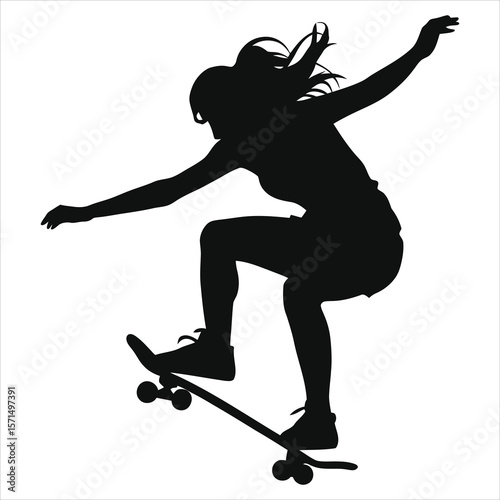 Dynamic Silhouette of a Girl Skateboarding/A bold, black silhouette of a girl performing a skateboarding trick against a plain, background.