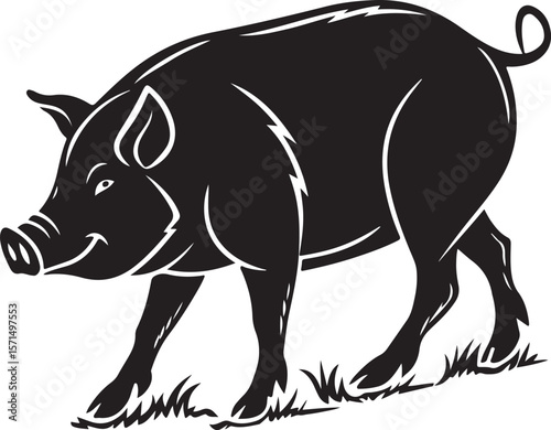 Black and white illustration of a walking pig in a simple minimalist style