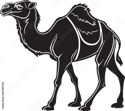 Black and white silhouette of a camel with saddle ready for adventure or travel