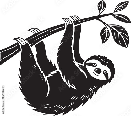 Black and white illustration of a cute sloth hanging from a tree branch with leaves