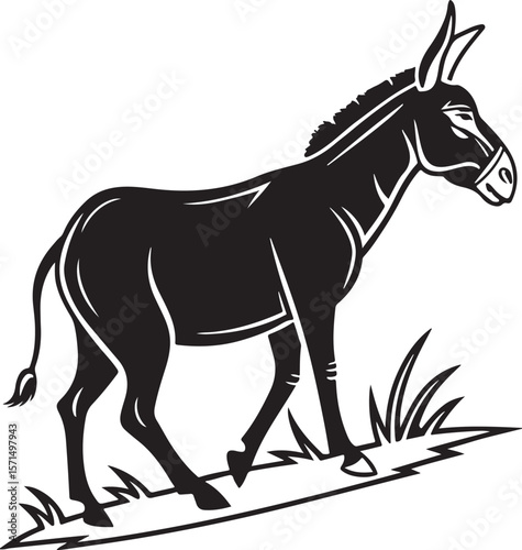 Elegant silhouette of a donkey standing proudly with simple grass accents in black and white
