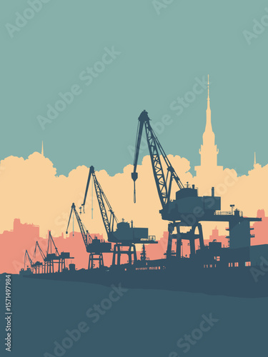 Le Havre, France – modernist architecture by Auguste Perret and harbor cranes at dusk