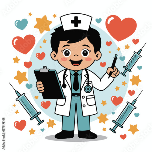 Cartoon Doctor Holding Syringe and Clipboard with Hearts and Stars