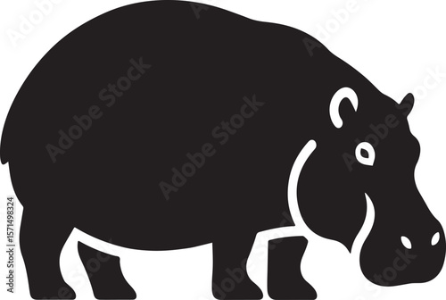 Simple black and white silhouette illustration of a happy hippo or hippopotamus animal
