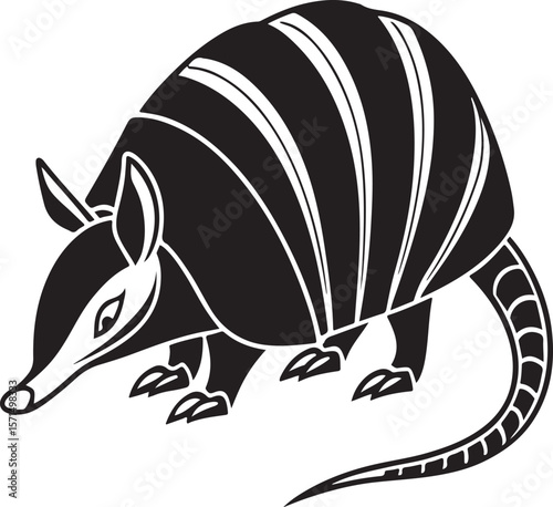 Sleek black and white illustration of an armadillo isolated on a white background