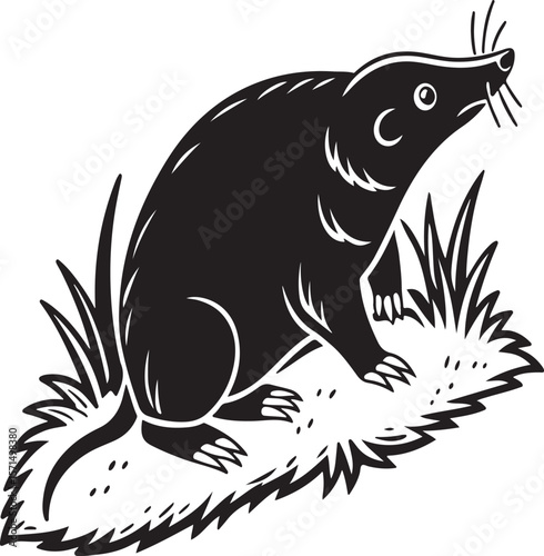 Black and white illustration of a mole standing on grassy ground in simple art style
