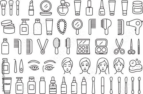 Outline Pictogram Set of Various Beauty Products and Treatments