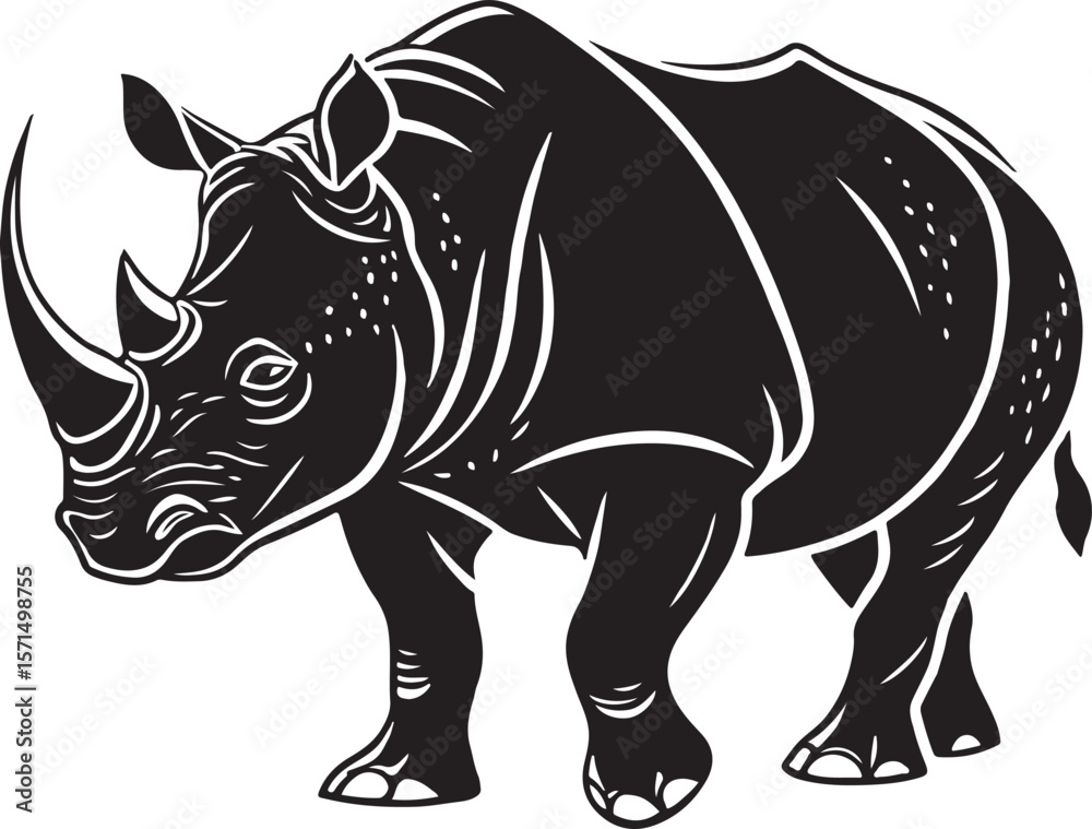 Fototapeta premium Black and white vector illustration of a standing rhinoceros animal with detailed lines