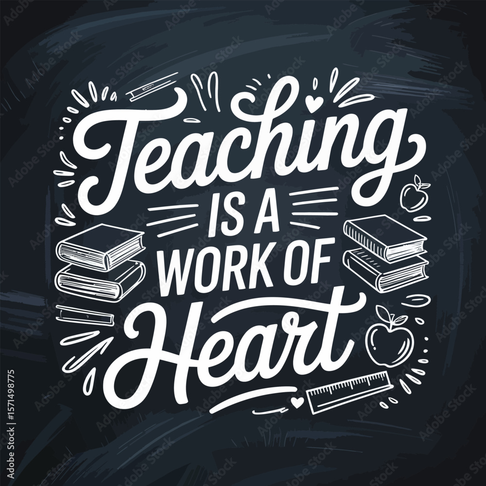 Obraz premium Chalkboard Teaching Quote with Books Apples and Ruler