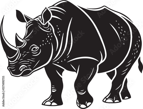 Black and white vector illustration of a standing rhinoceros animal with detailed lines