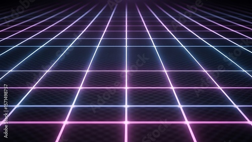 Futuristic grid with neon lights presents an abstract digital world, perfect for a modern, high-tech design, showcasing retro technology.